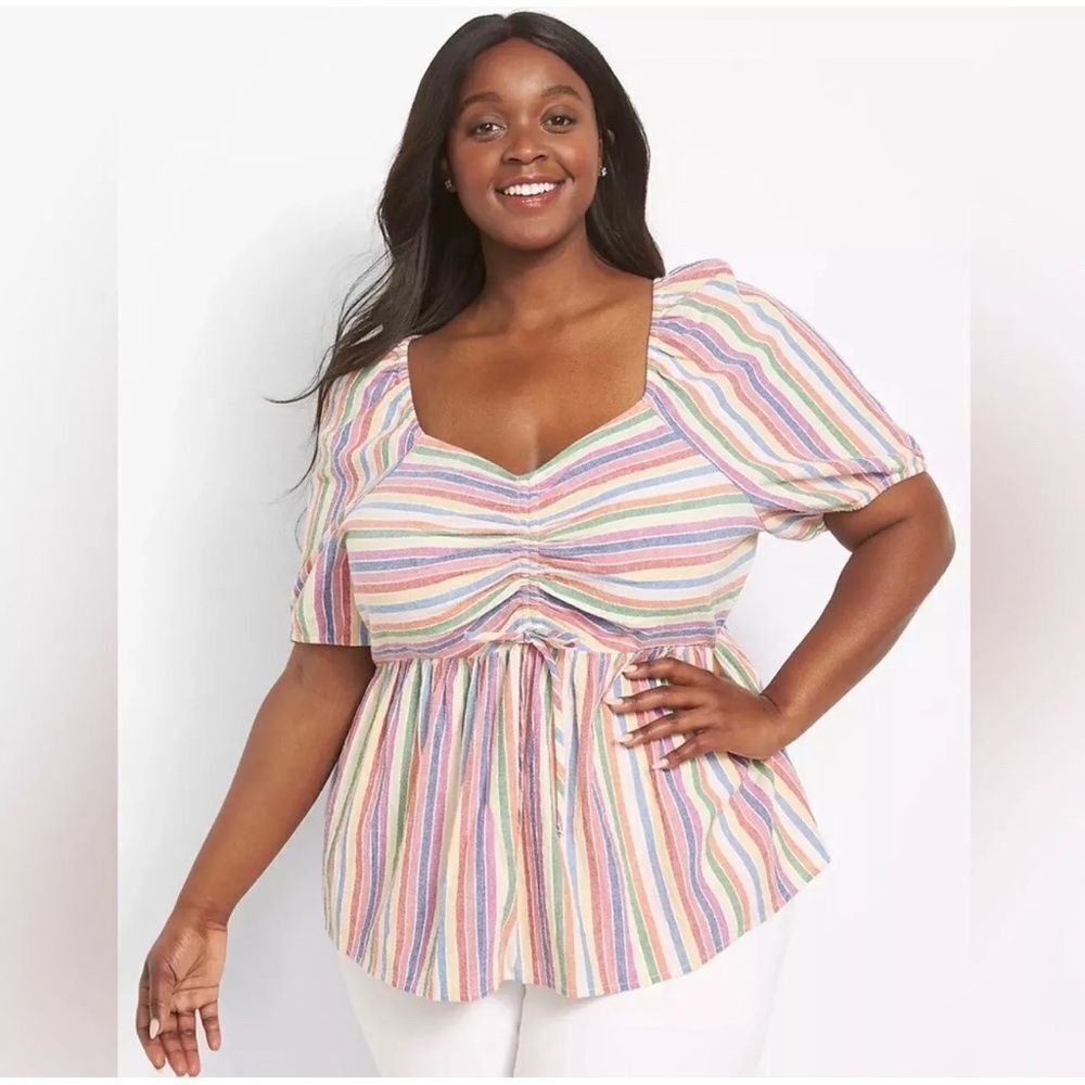 Lane Bryant Ruched Front Rainbow Stripe Babydoll Top Woman Plus Size 14 Y2K boho